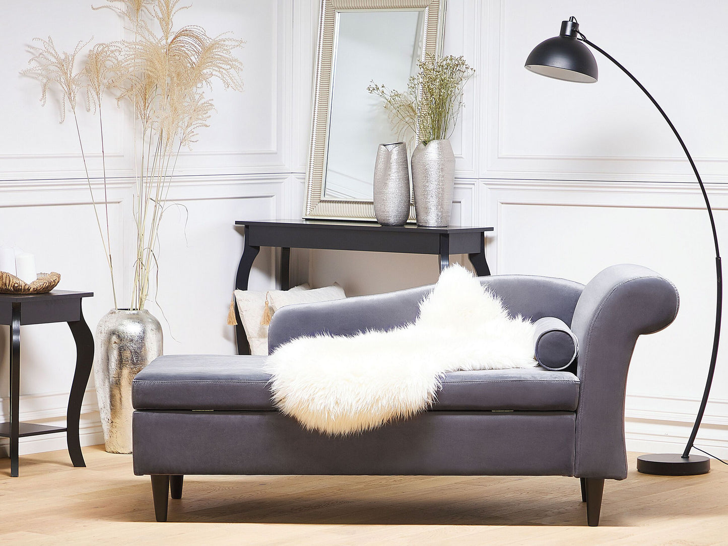 Chaiselongue Samtstoff dunkelgrau rechtsseitig LUIRO