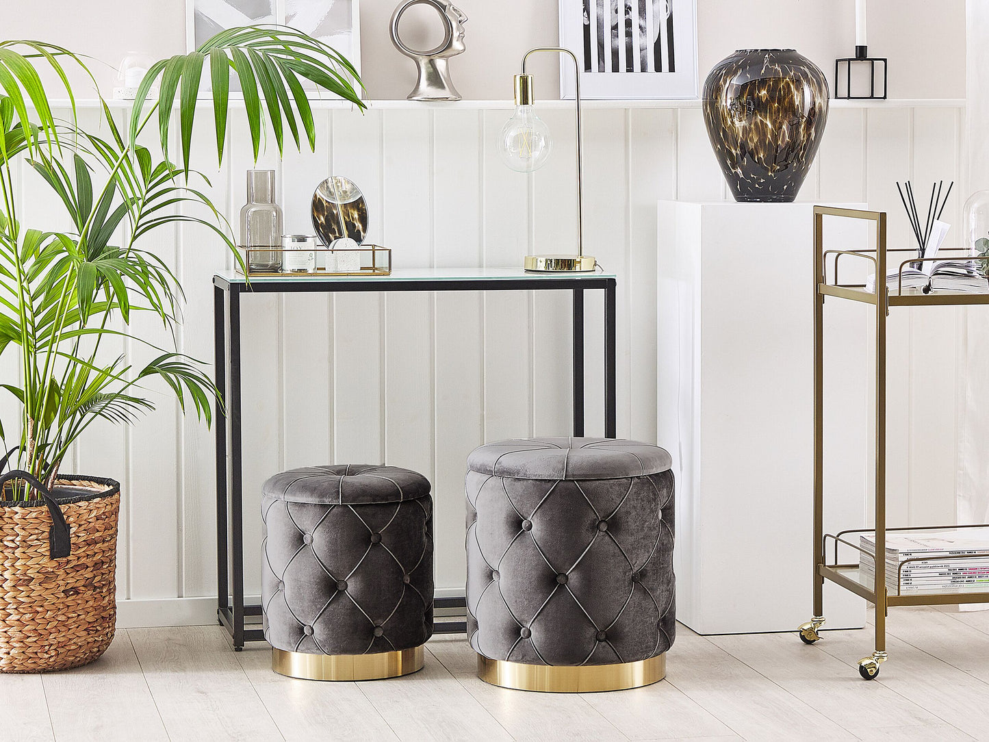 Pouf mit Stauraum Samtstoff grau 2er Set PUEBLO