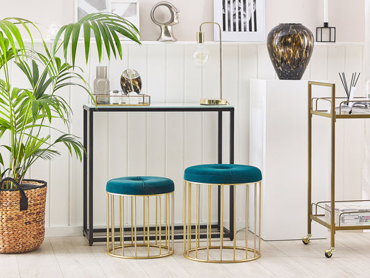 Pouf Samtstoff blaugrün / gold rund 2er Set LUBBOCK