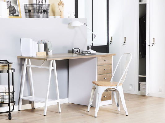 Schreibtisch heller Holzfarbton / weiss 140 x 60 cm 5 Schubladen HEBER
