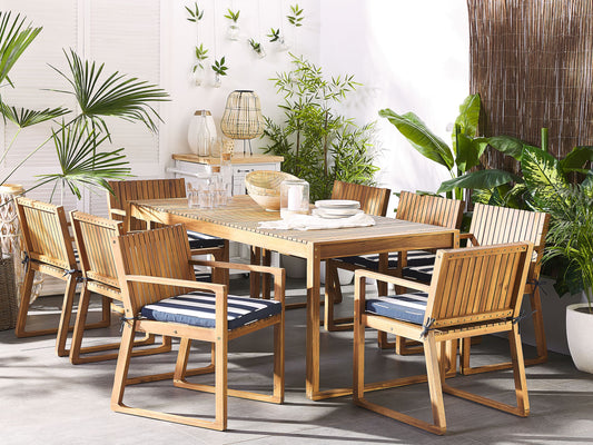 Set mit 8 Stühlen und Sitzkissen SASSARI Akazienholz Marineblau