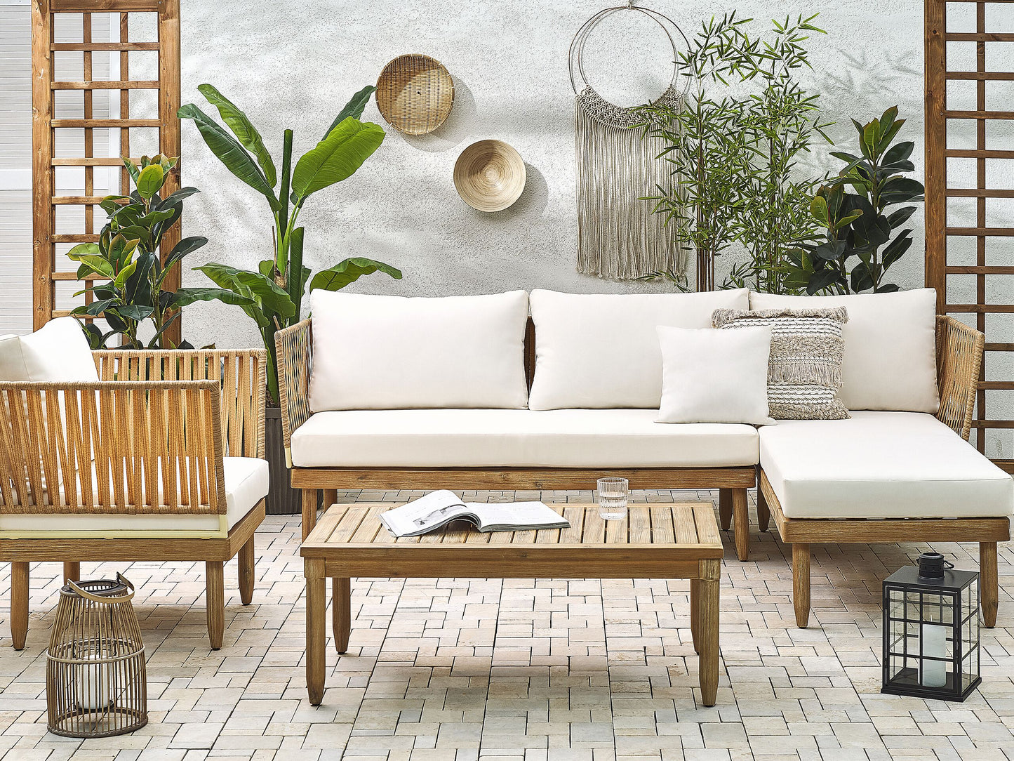Lounge Set mit Tisch 4-Sitzer CREMONA linksseitig Akazienholz Cremeweiss
