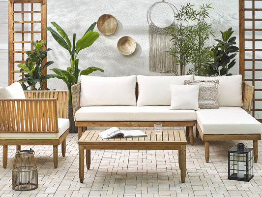 Lounge Set mit Tisch 4-Sitzer CREMONA linksseitig Akazienholz Cremeweiss