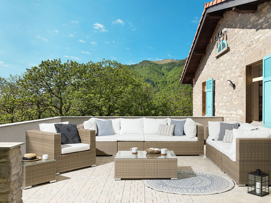 Lounge Set mit Tisch 8-Sitzer MAESTRO modular Polyrattan Hellbraun