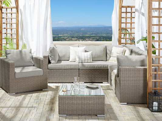 Lounge Set mit Tisch 6-Sitzer CONTARE linksseitig modular Polyrattan Taupe