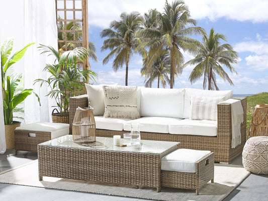 Lounge Set mit Tisch und Ottomane 5-Sitzer BELLUNO Polyrattan Weiss