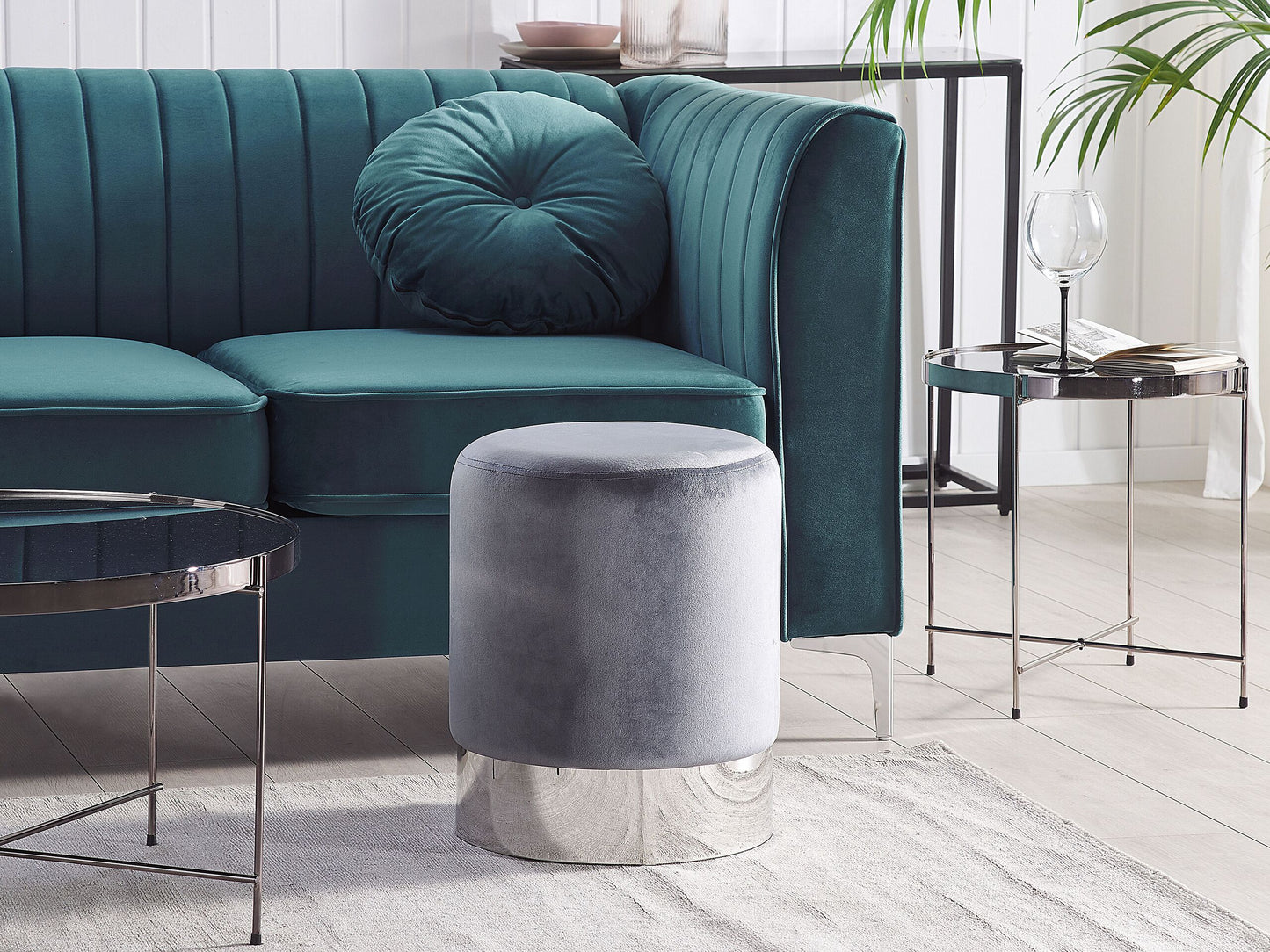 Pouf Samtstoff grau / silber ⌀ 36 cm rund BRIGITTE
