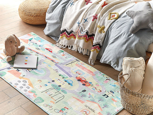 Kinderteppich grün 80 x 150 cm Stadt-Motiv Kurzflor KEMER