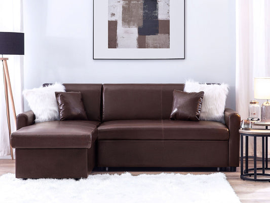 Ecksofa mit Schlaffunktion Lederoptik dunkelbraun rechtsseitig OGNA