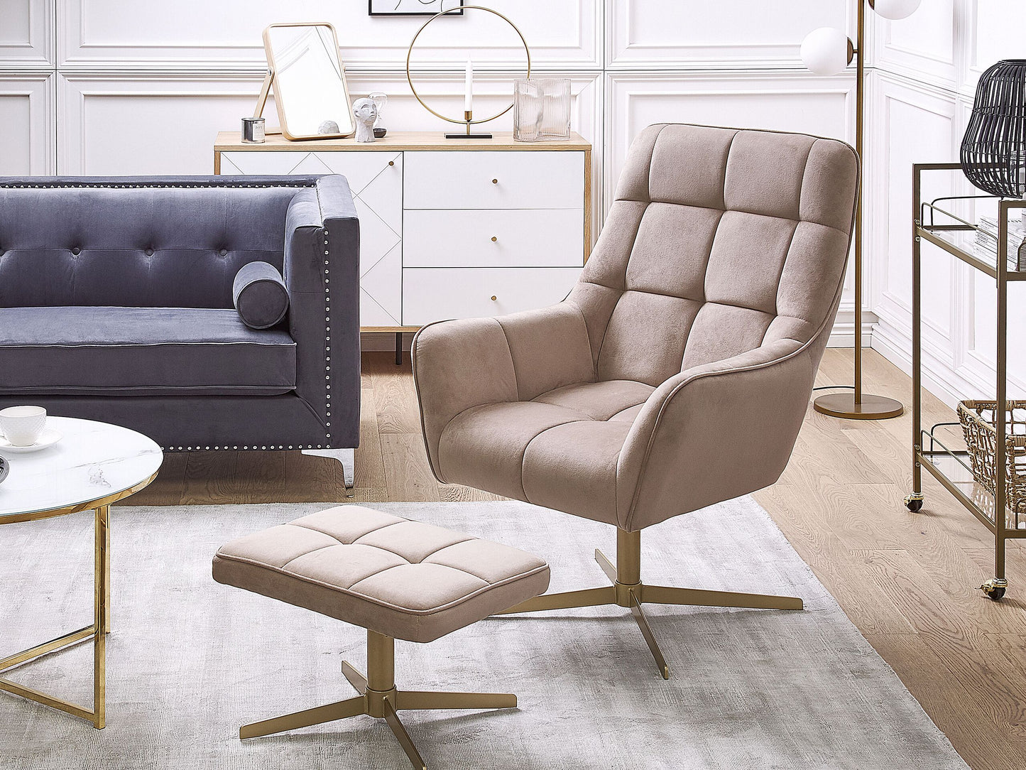 Drehsessel MOLLE mit Fussstütze Samtstoff Beige