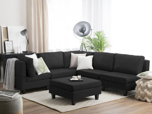 5-Sitzer Ecksofa schwarz linksseitig mit Ottomane FEVIK