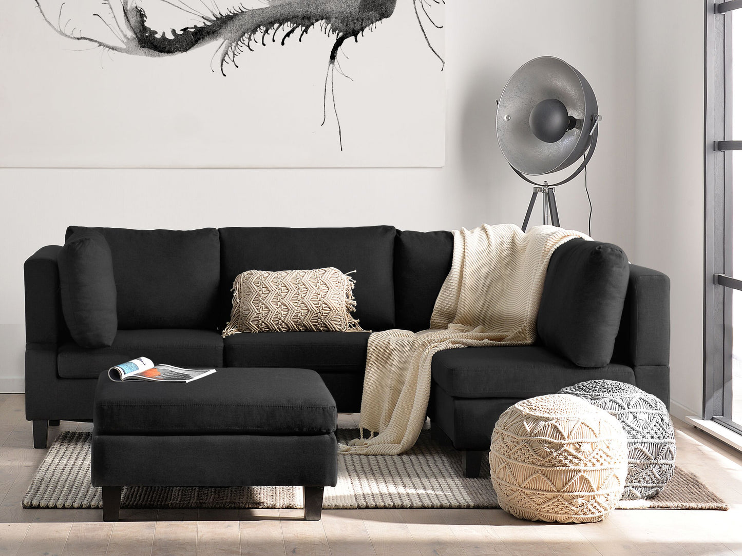 4-Sitzer Ecksofa schwarz linksseitig mit Ottomane FEVIK