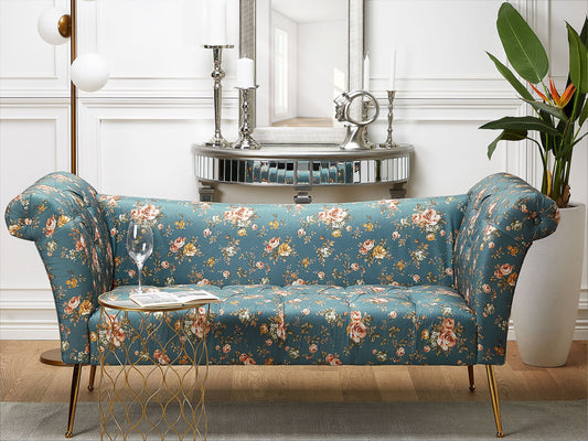 Chaiselongue Stoff seeblau / gold Blumenmuster NANTILLY