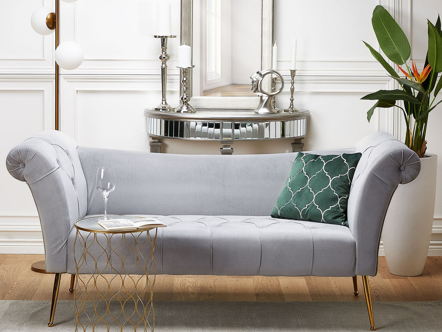 Chaiselongue Samtstoff hellgrau / gold NANTILLY