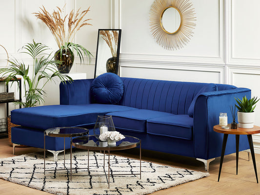 Ecksofa Samtstoff rechtsseitig marineblau 3-Sitzer TIMRA