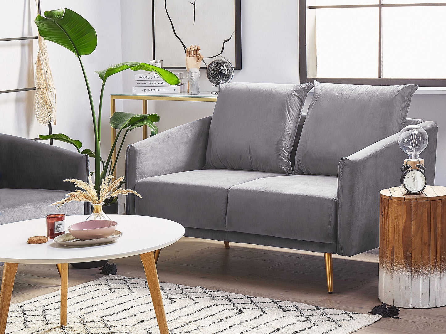 2-Sitzer Sofa Samtstoff grau mit goldenen Beinen MAURA