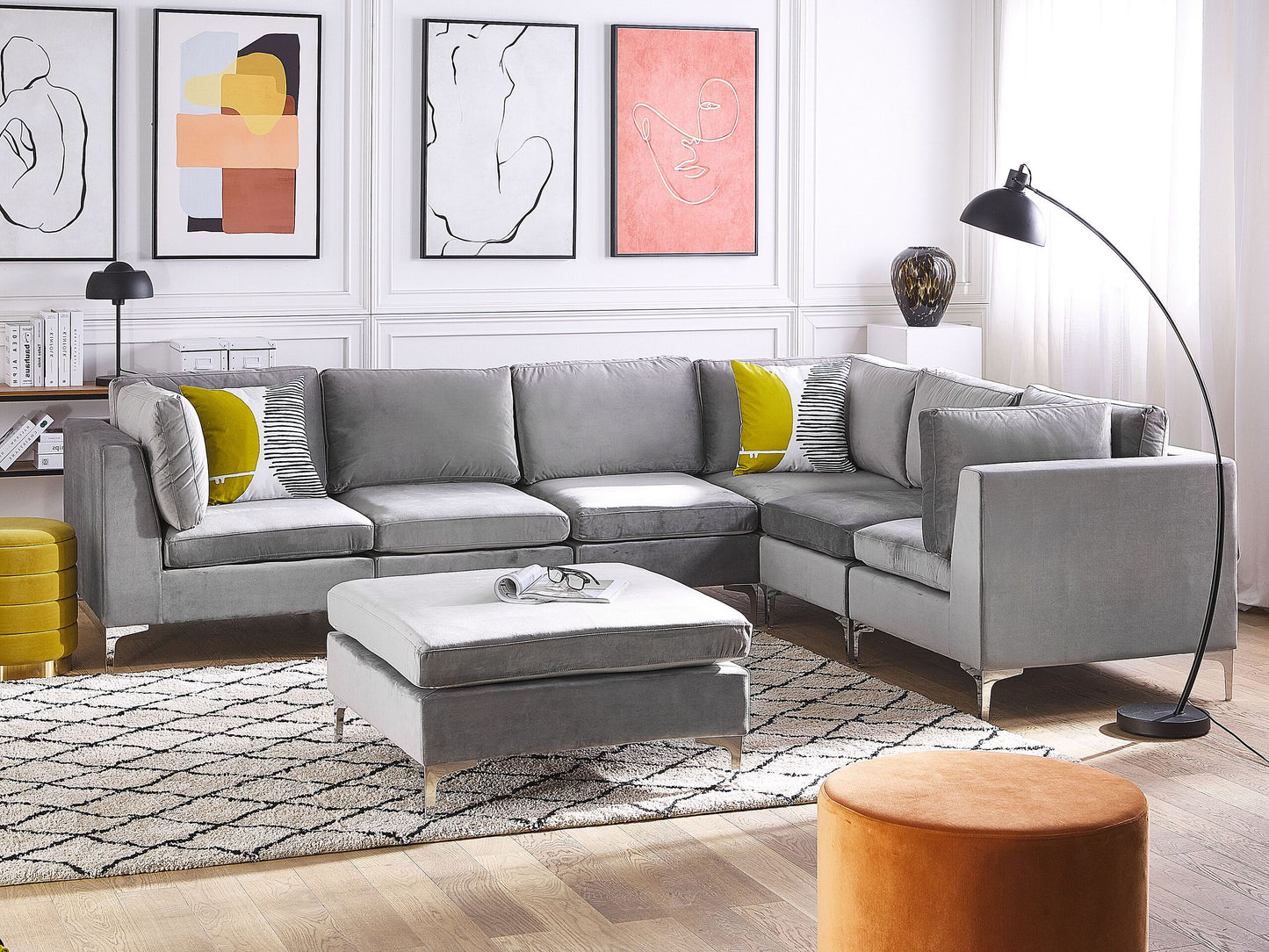 6-Sitzer Ecksofa Samtstoff grau linksseitig mit Ottomane EVJA