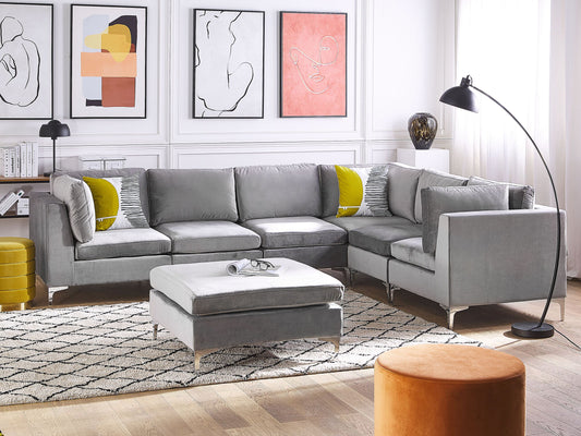 6-Sitzer Ecksofa Samtstoff grau linksseitig mit Ottomane EVJA