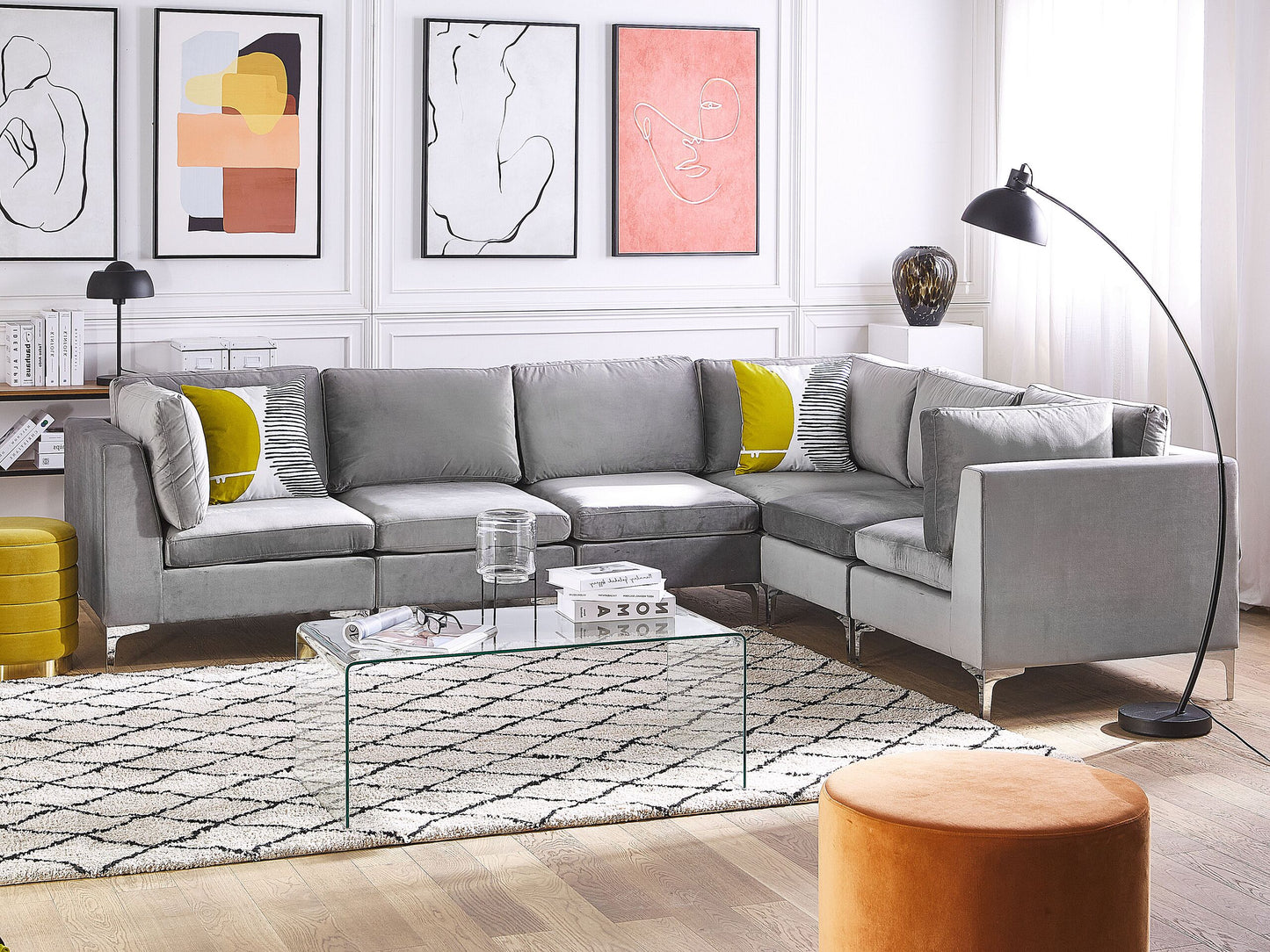 6-Sitzer Ecksofa Samtstoff grau linksseitig EVJA