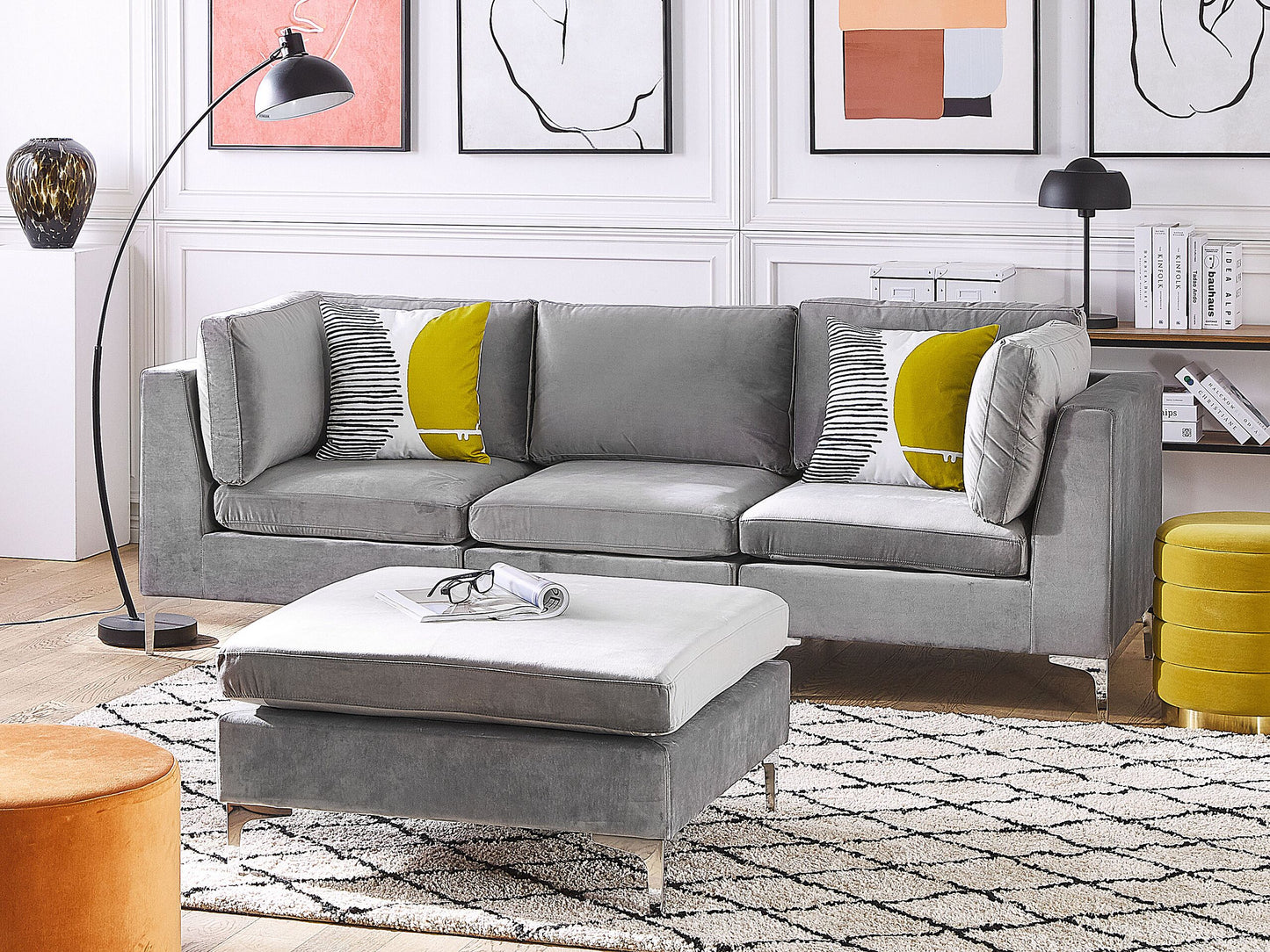 3-Sitzer Sofa Samtstoff grau mit Ottomane EVJA