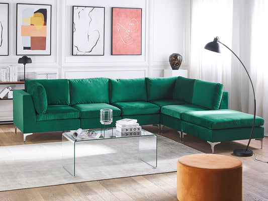 5-Sitzer Ecksofa Samtstoff grün linksseitig mit Ottomane EVJA