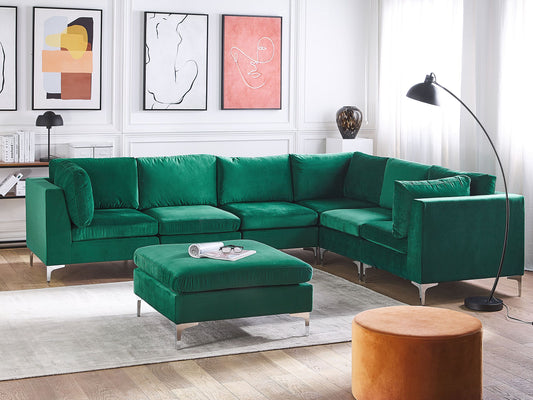6-Sitzer Ecksofa Samtstoff grün linksseitig mit Ottomane EVJA