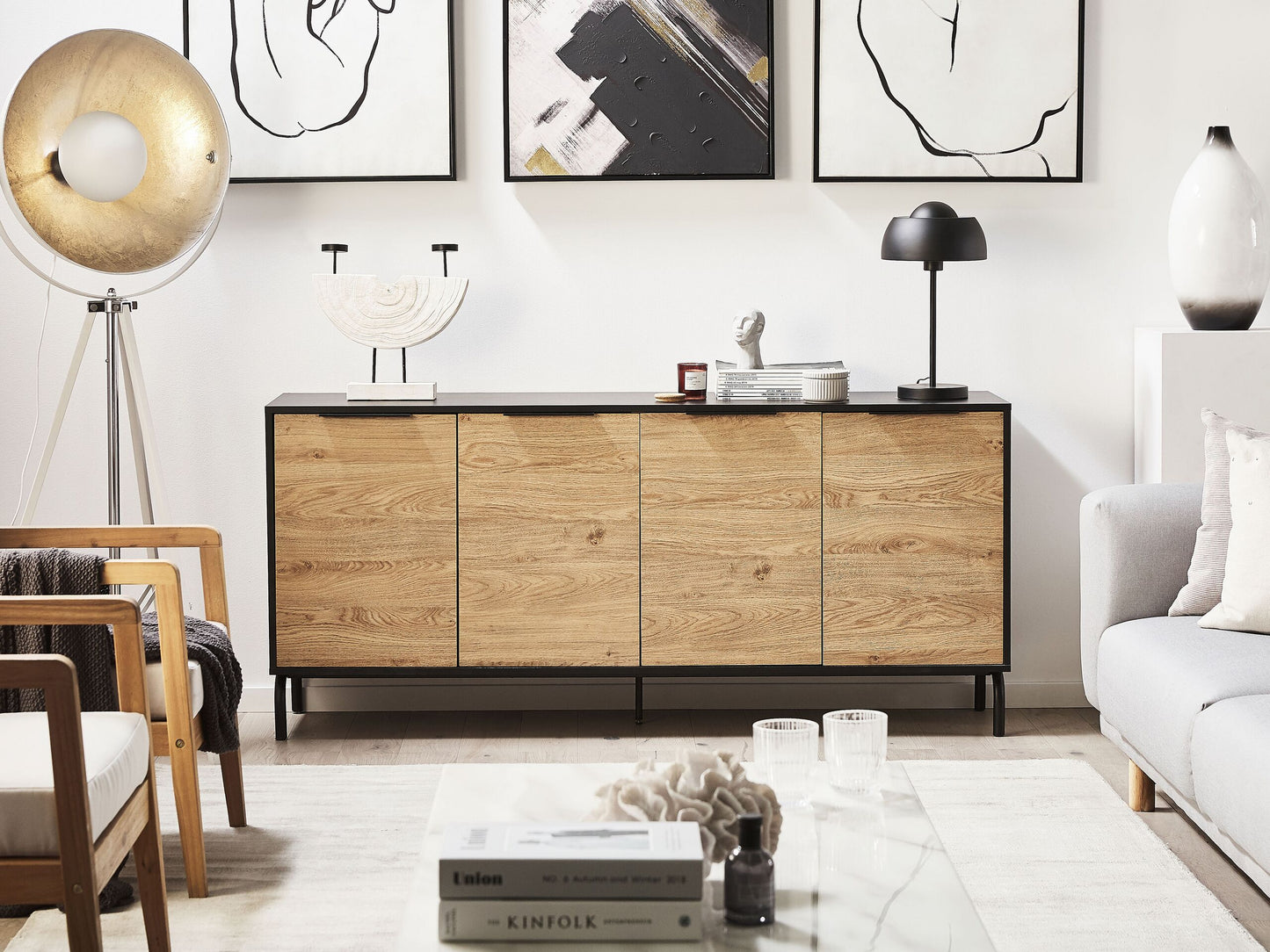 Sideboard schwarz / heller Holzfarbton 4 Türen ARKLEY
