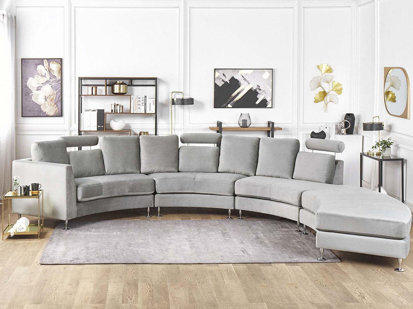 7-Sitzer Sofa Samtstoff hellgrau halbrund mit Ottomane ROTUNDE