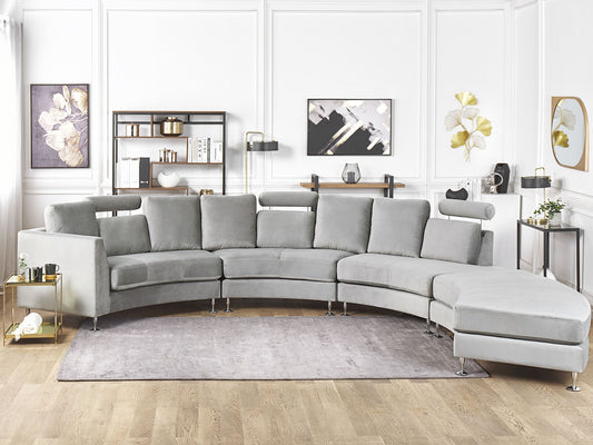 7-Sitzer Sofa Samtstoff hellgrau halbrund mit Ottomane ROTUNDE