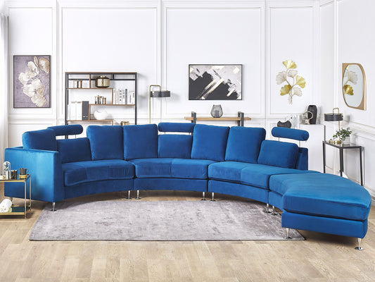 7-Sitzer Sofa Samtstoff dunkelblau halbrund mit Ottomane ROTUNDE