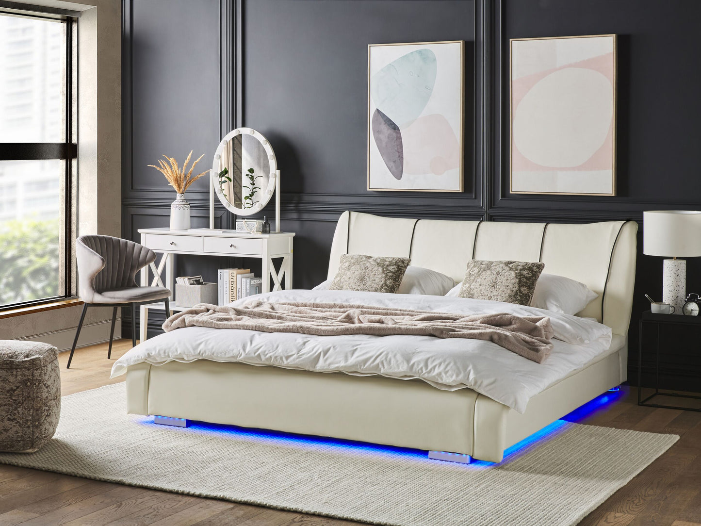 Lederbett weiss Lattenrost 180 x 200 cm mit LED-Beleuchtung bunt NANTES