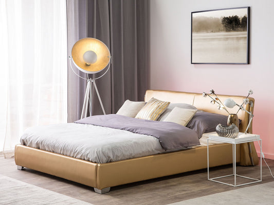 Bett mit LED Echtleder PARIS 180 x 200 cm LED Gold