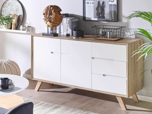 Sideboard weiss / heller Holzfarbton 3 Schubladen 2 Schränke FORESTER