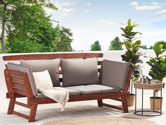 Gartenbank mit Auflage PORTICI 210 cm Eukalyptusholz Dunkelbraun / Taupe