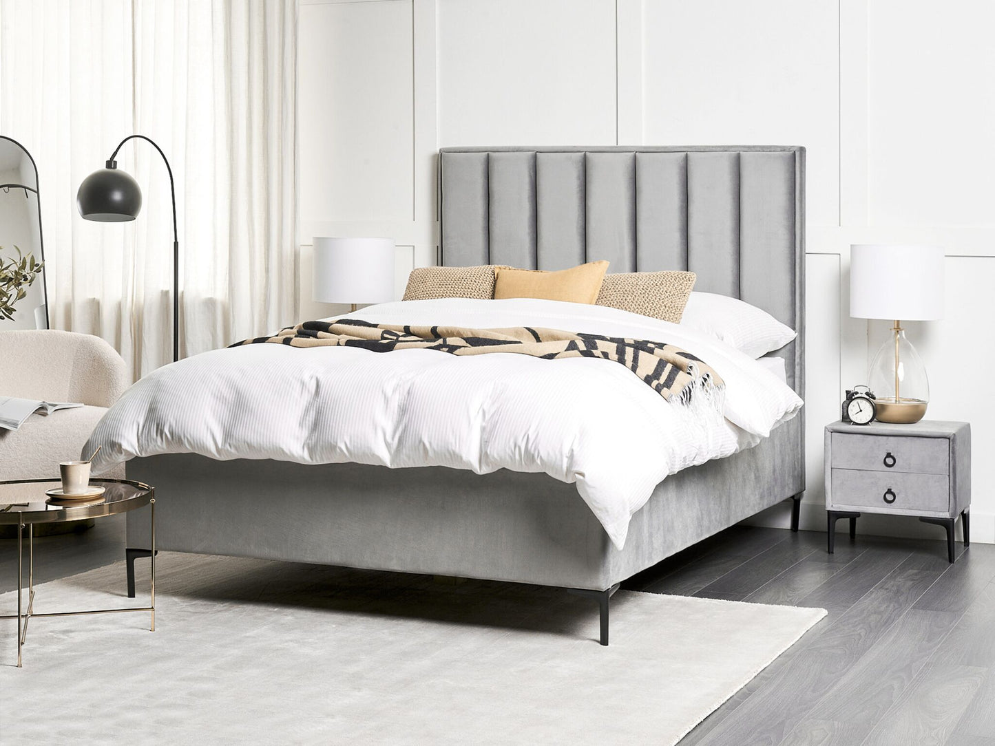 Schlafzimmer Set Samtstoff SEZANNE 140 x 200 cm Hellgrau
