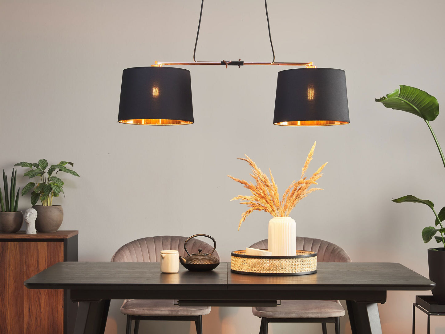 Hängelampe schwarz / kupfer 2-flammig Trommelform FUCINO