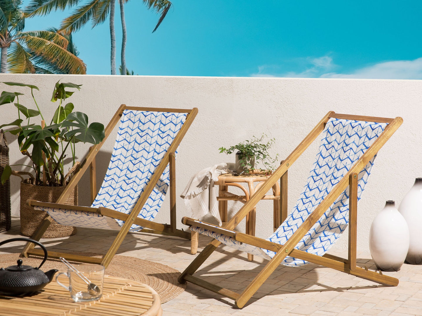 Liegestuhl Akazienholz hellbraun Textil weiss / blau ZickZack-Muster 2er Set ANZIO