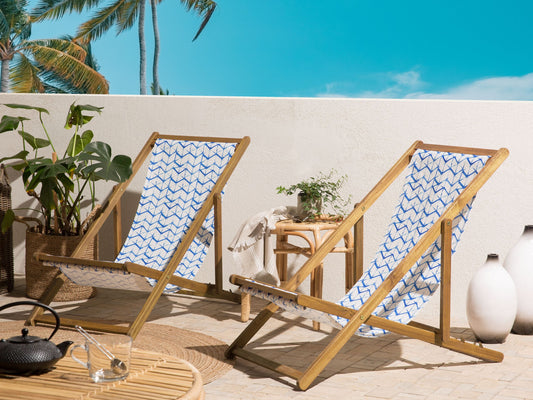 Liegestuhl Akazienholz hellbraun Textil weiss / blau ZickZack-Muster 2er Set ANZIO