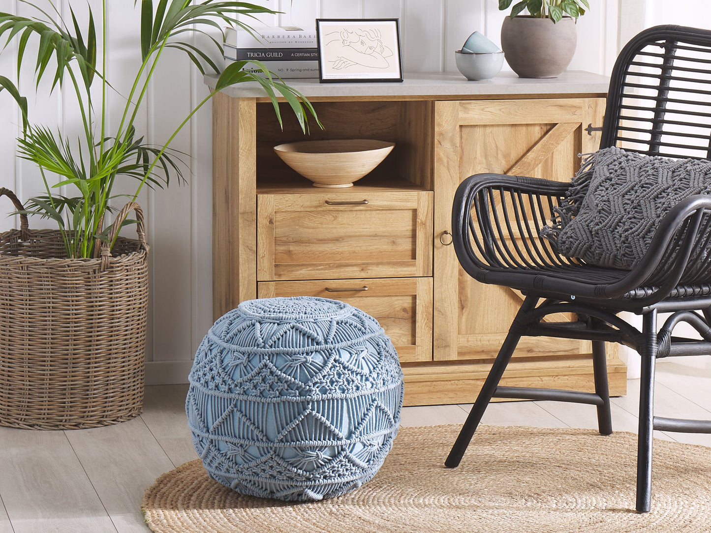 Pouf Makramee Baumwolle blau ⌀ 40 cm KAYSERI