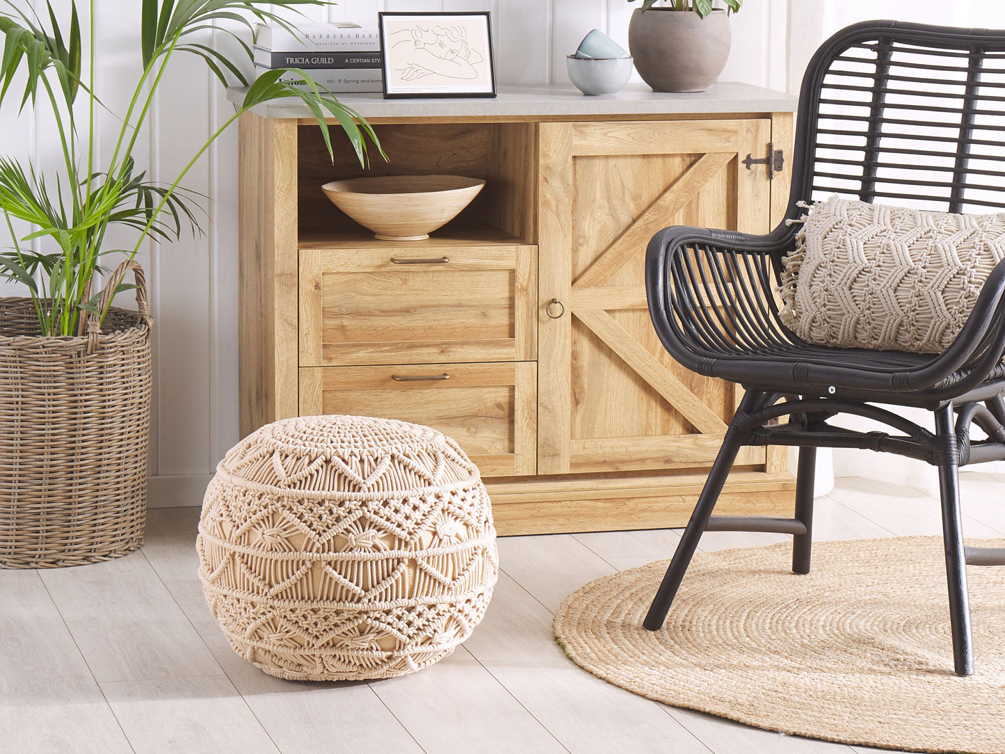Pouf Makramee Baumwolle beige ⌀ 40 cm KAYSERI