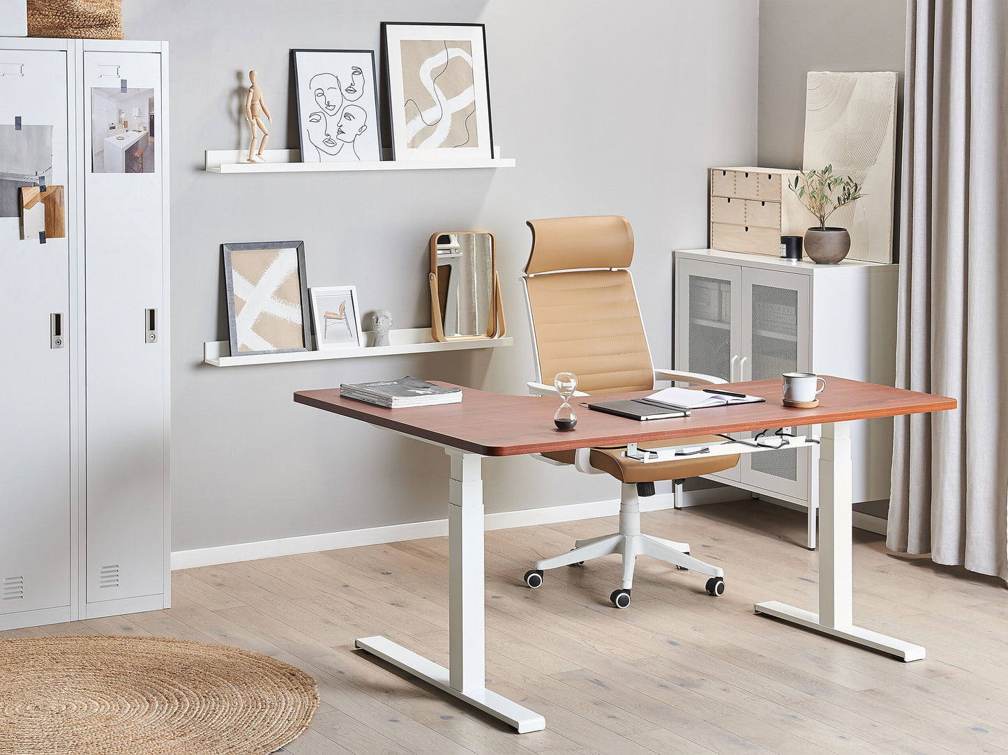 Schreibtisch rechtsseitig braun / weiss 160 x 110 cm elektrisch höhenverstellbar DESTIN II