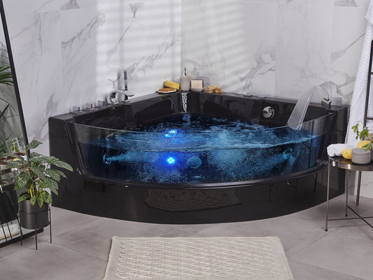 Whirlpool Badewanne schwarz Eckmodell mit LED 190 x 135 cm MARINA