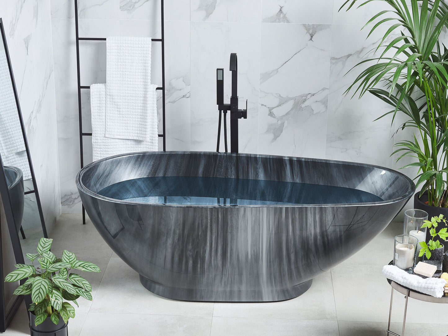 Badewanne freistehend schwarz Marmor Optik 170 x 80 cm RIOJA