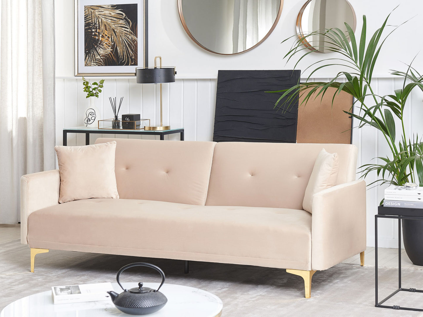 3-Sitzer Schlafsofa Samtstoff beige / gold LUCAN