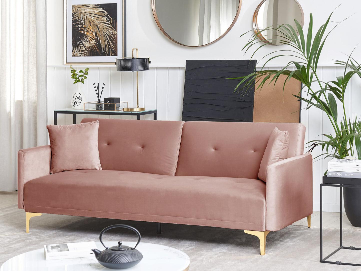 3-Sitzer Schlafsofa Samtstoff rosa / gold LUCAN
