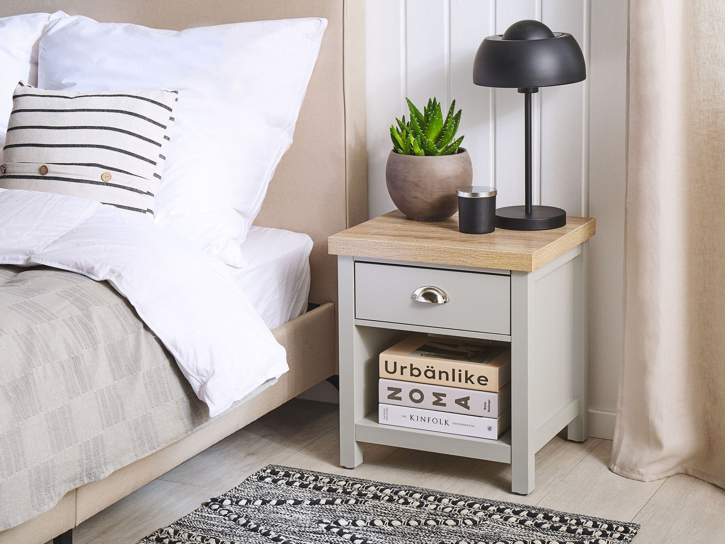 Nachttisch grau / heller Holzfarbton rechteckig Schublade CLIO
