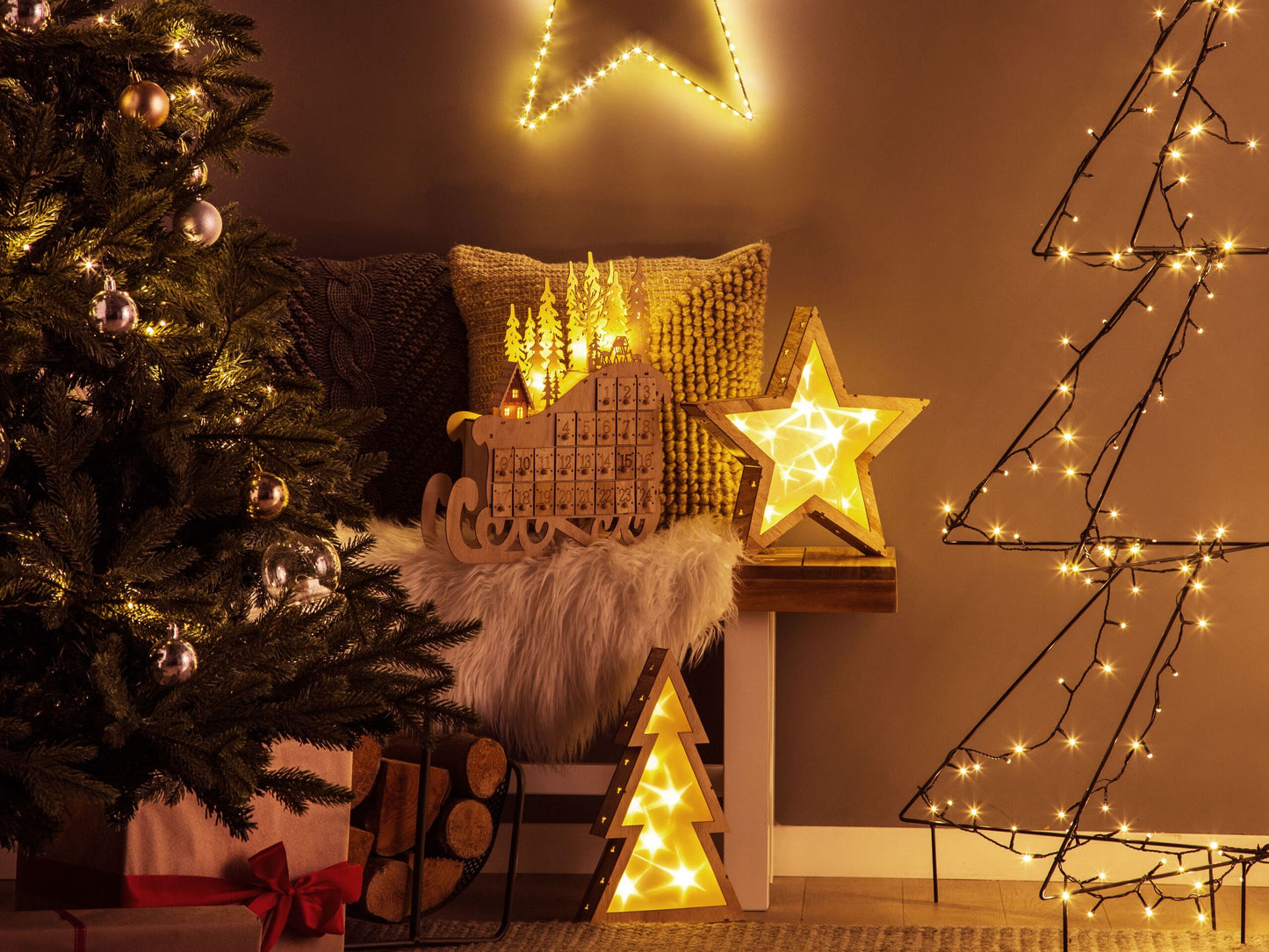 Adventskalender LED Pappelholz hellbraun Schlittenform IMPALA