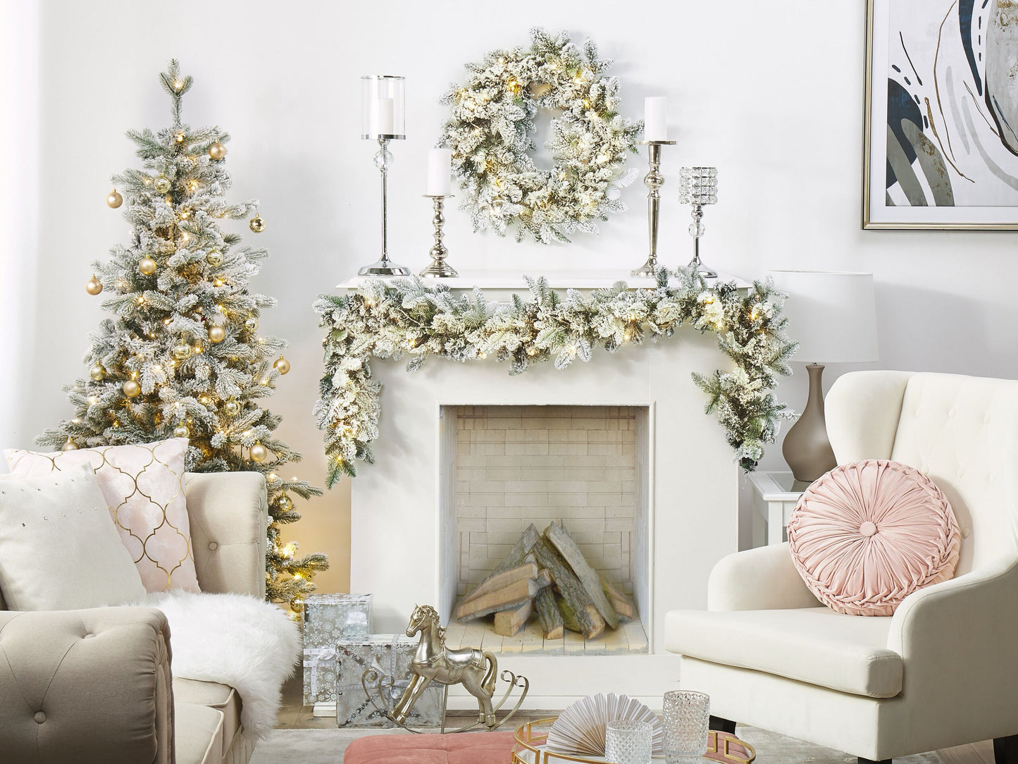 Weihnachtsgirlande weiss mit LED-Beleuchtung Schnee bedeckt 180 cm WHITEHORN