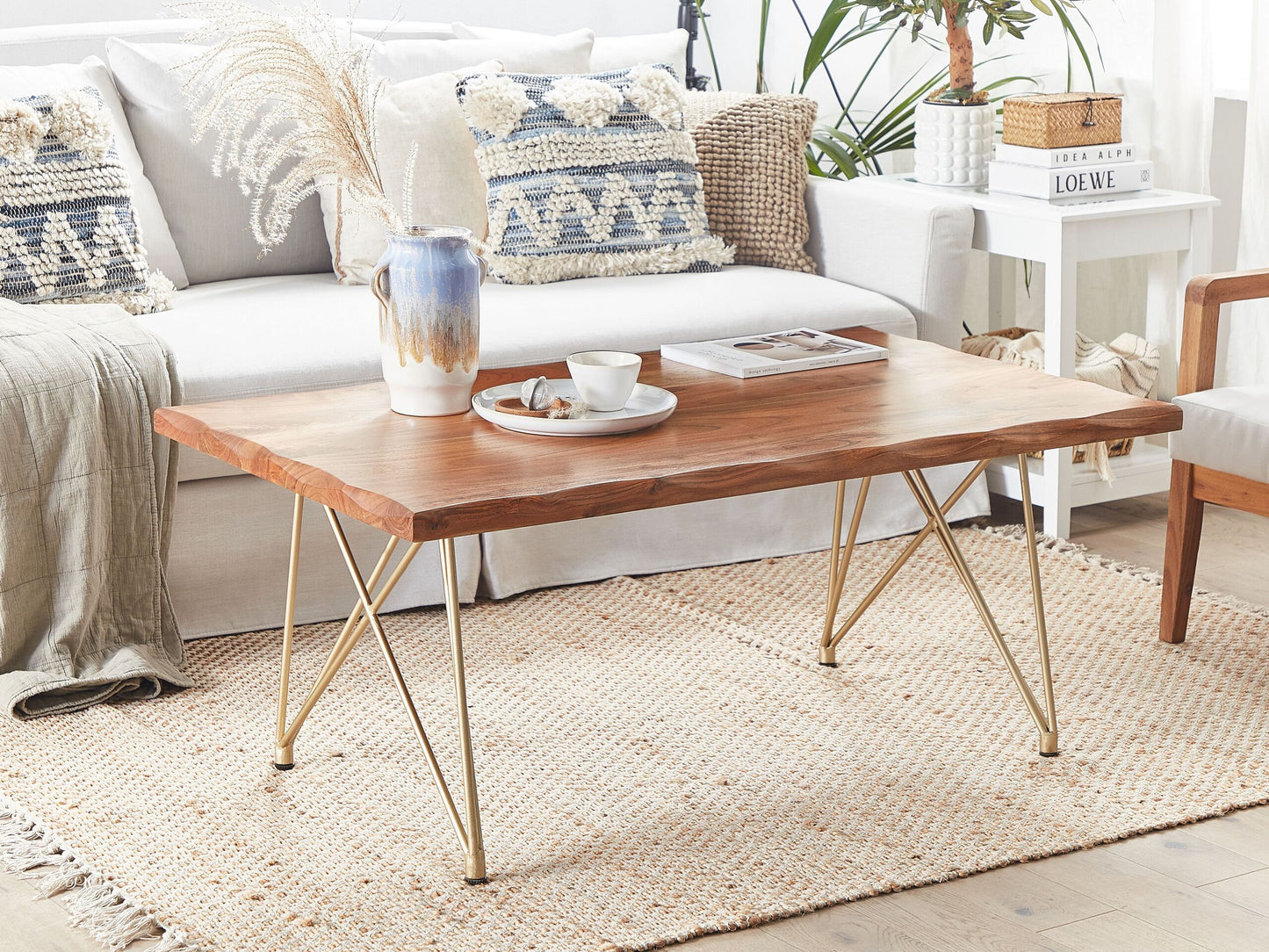 Couchtisch Akazienholz hellbraun / gold rechteckig 70 x 120 cm RALEY
