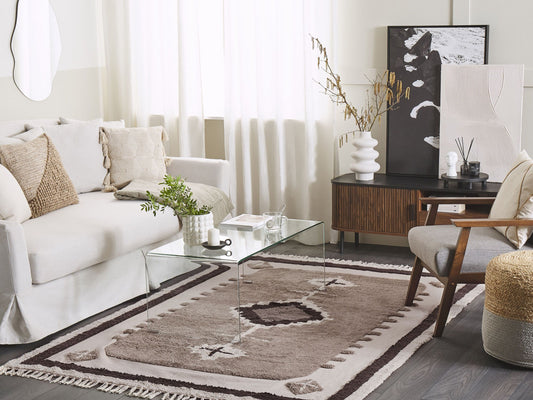 Teppich Baumwolle beige 160 x 230 cm geometrisches Muster Fransen Kurzflor GEYVE